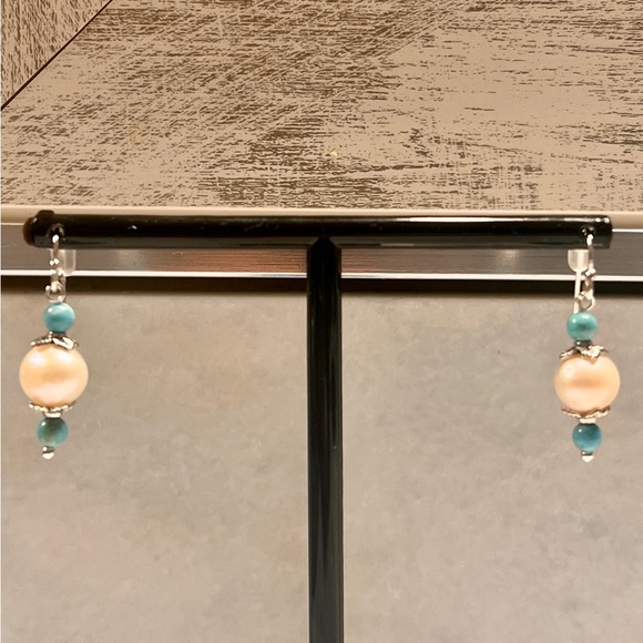 AAA Oval Pearl and Chinese Turquoise Earrings w/ Sterling Silver Posts. - Picture 3 of 3